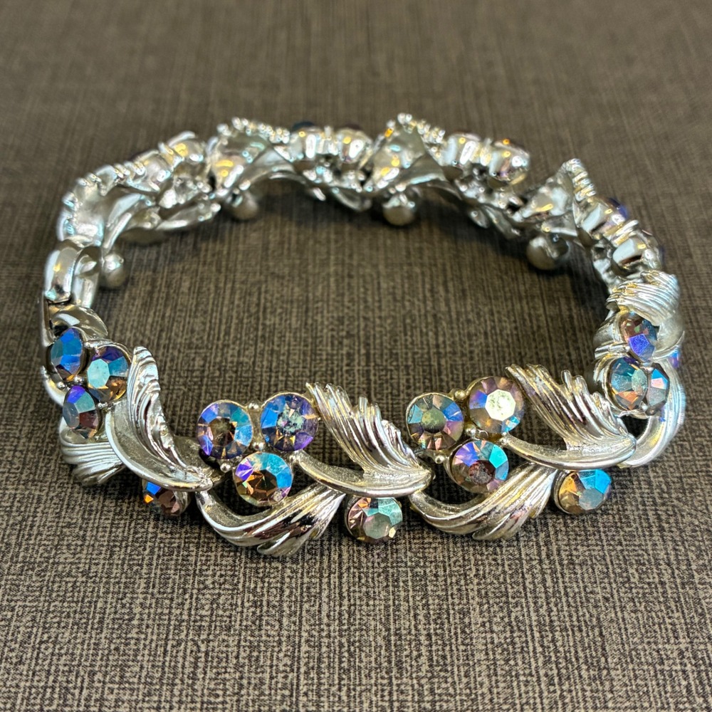 Vintage Rhinestone Bracelet Lisner Aurora Borealis Silver Tone Leaf Design